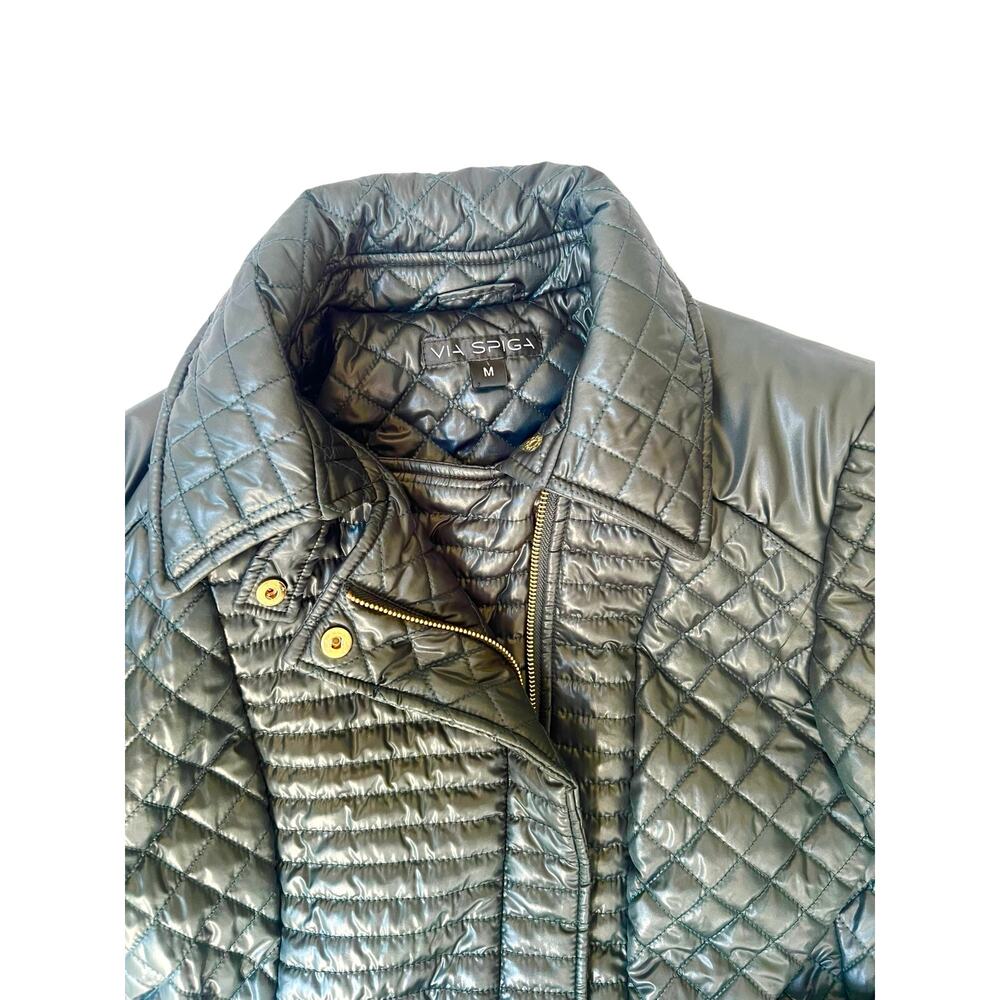 Via Spiga Women’s Evergreen Quilted Belted Coat Size M Gold Hardware - Picture 11 of 13